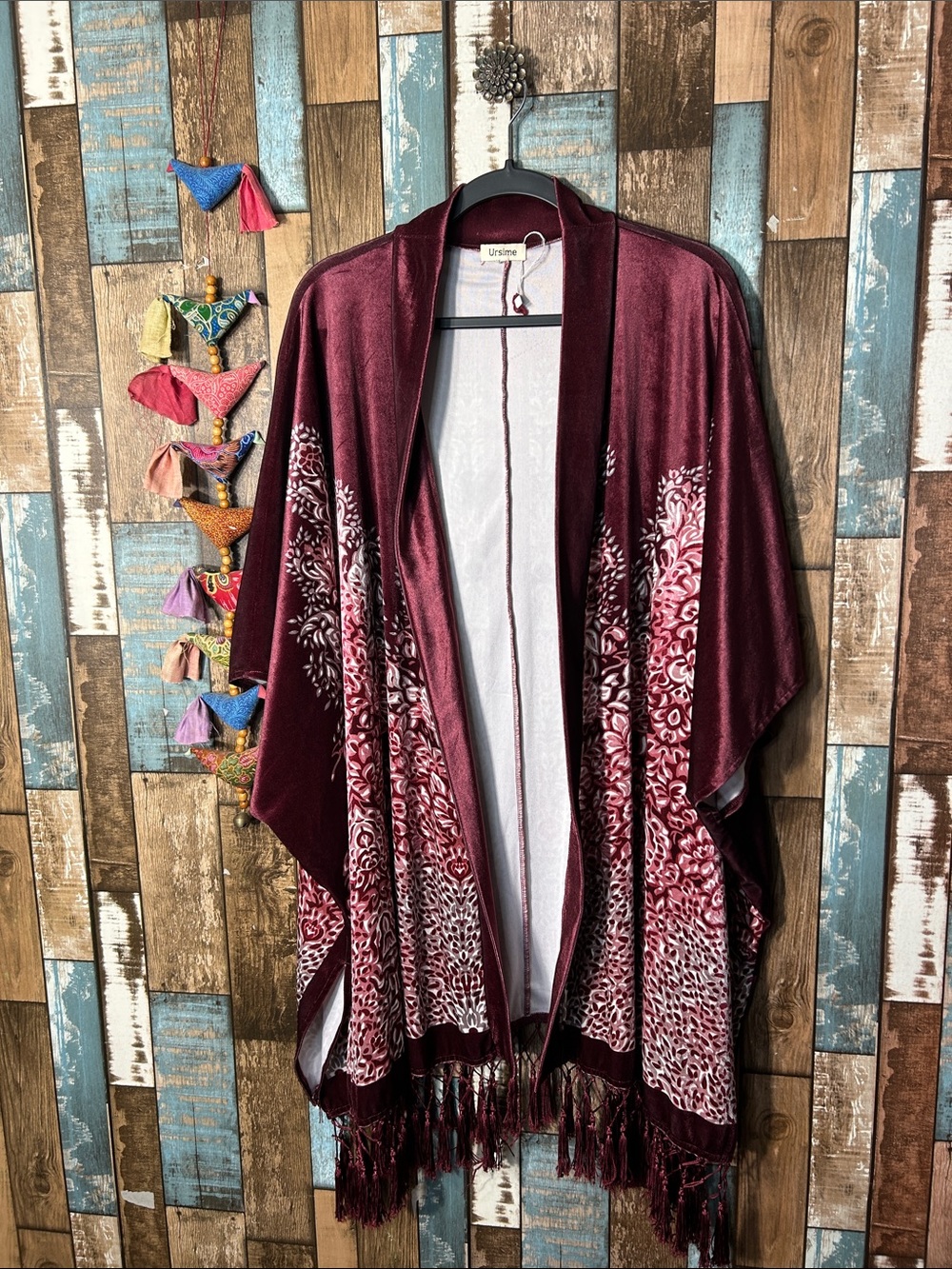 Ursime Burgundy Floral-Print Kimono Cape with Fringe